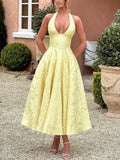 Gang‑V Halter Jacquard Dress, Elegant Evening Gown, Spring & Summer Stylish Sleeveless Backless Fitted Waist Long Dress